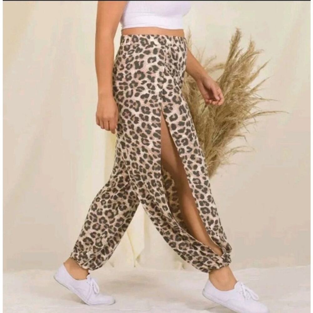 NEW Zenana Leopard Print Knit Harem Joggers 3X Plus Size Side Slit Lounge Pants